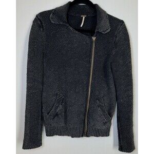 Free People Moto Jacket Womens Small Gray Textured Knit Cotton Zip Up Boho Goth